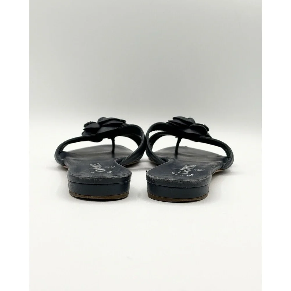 Chanel Navy Leather Camellia Embellished CC Logo Thong Flat Slides Size EU 39